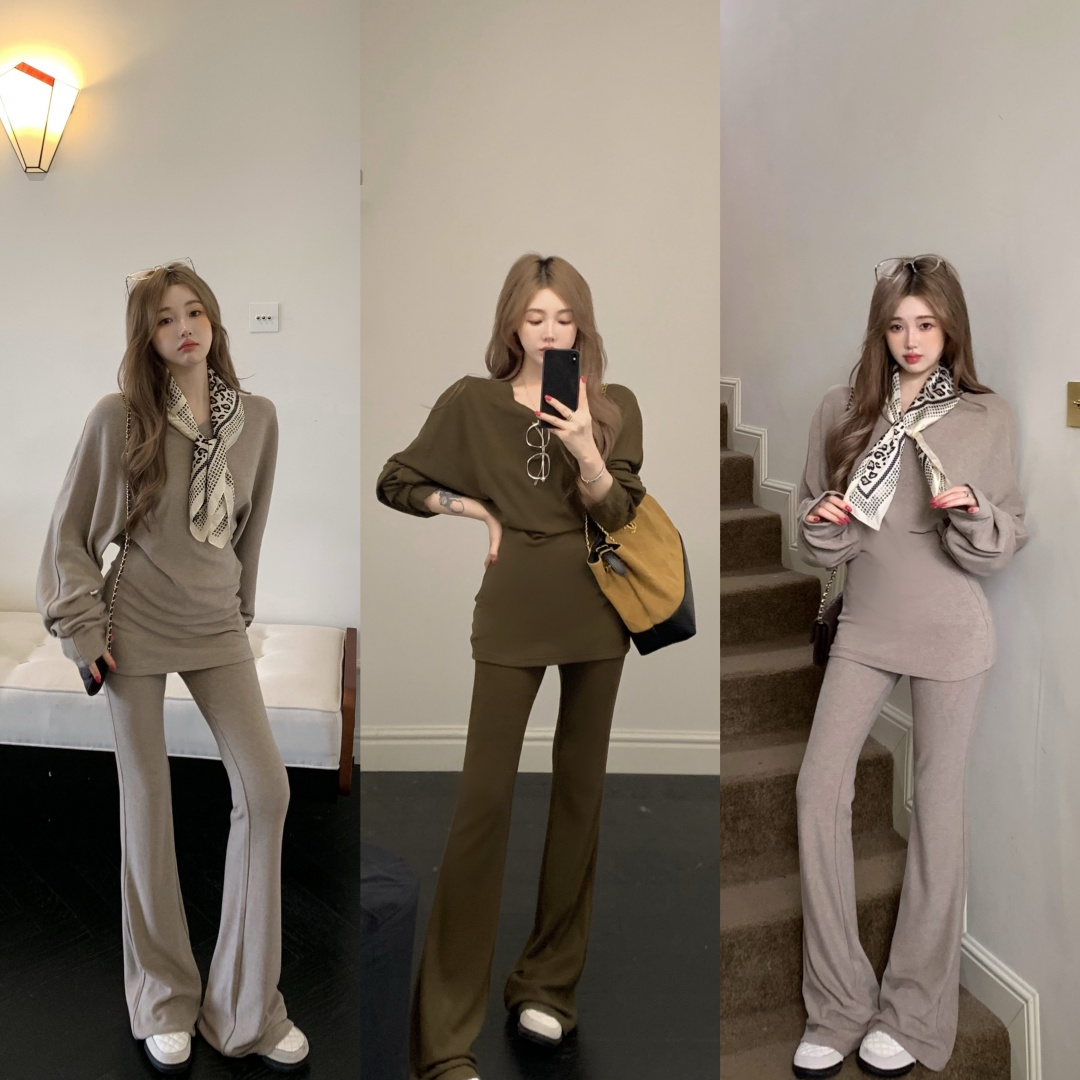 磨毛德绒针织长袖女秋冬季新款宽松显瘦内搭打底衫上衣长裤套装