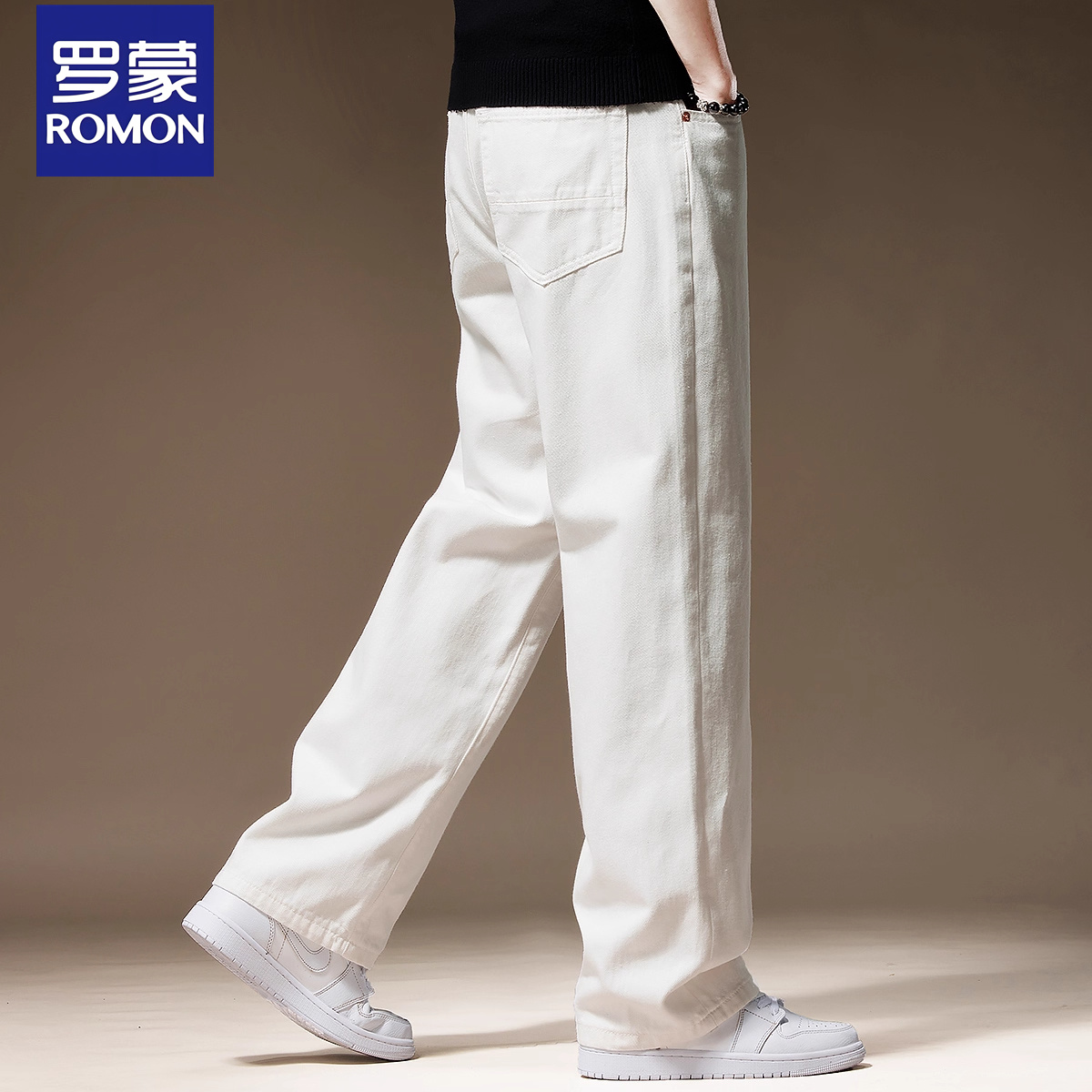 罗蒙高端纯棉白色阔腿直筒牛仔裤秋冬加绒clanfit简洁百搭休闲裤