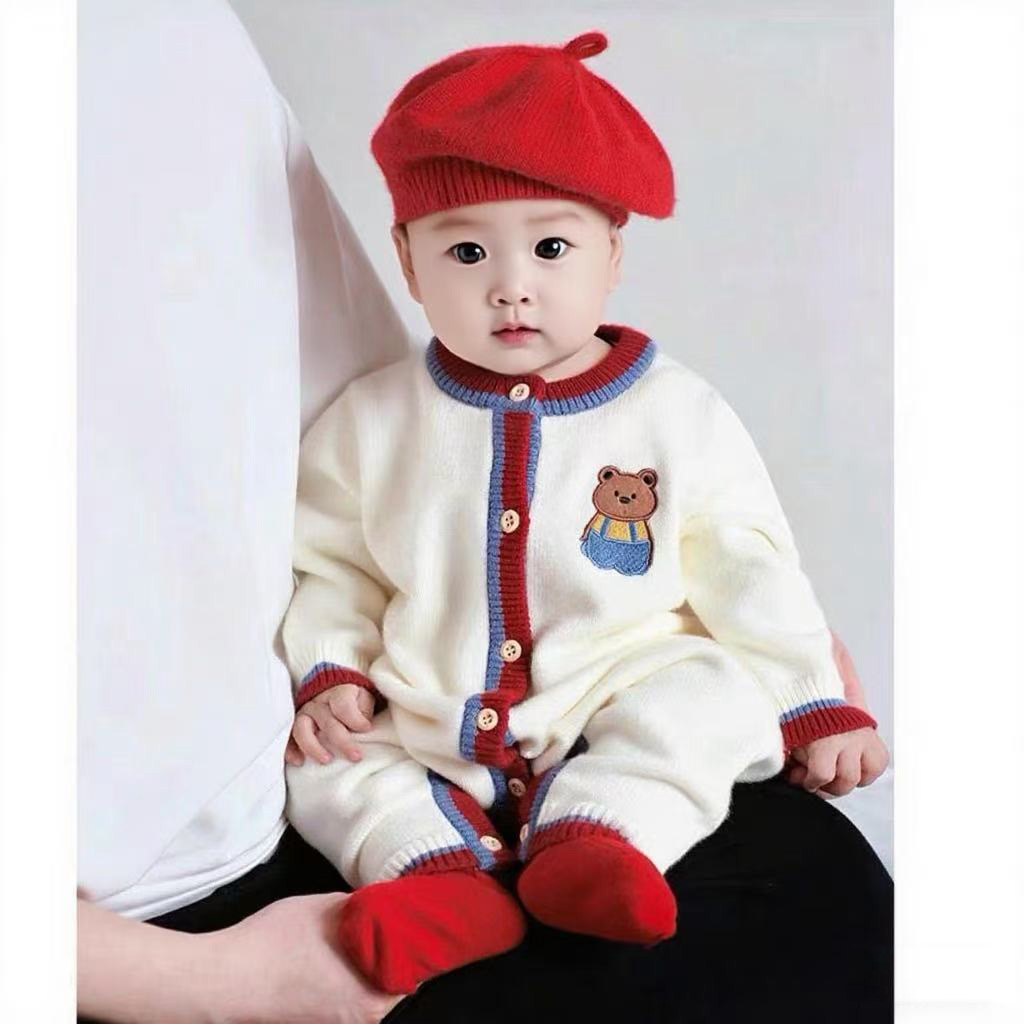 2025秋款爆款连身衣婴幼儿爬爬服婴儿小狗针织春秋哈衣薄绒毛衣