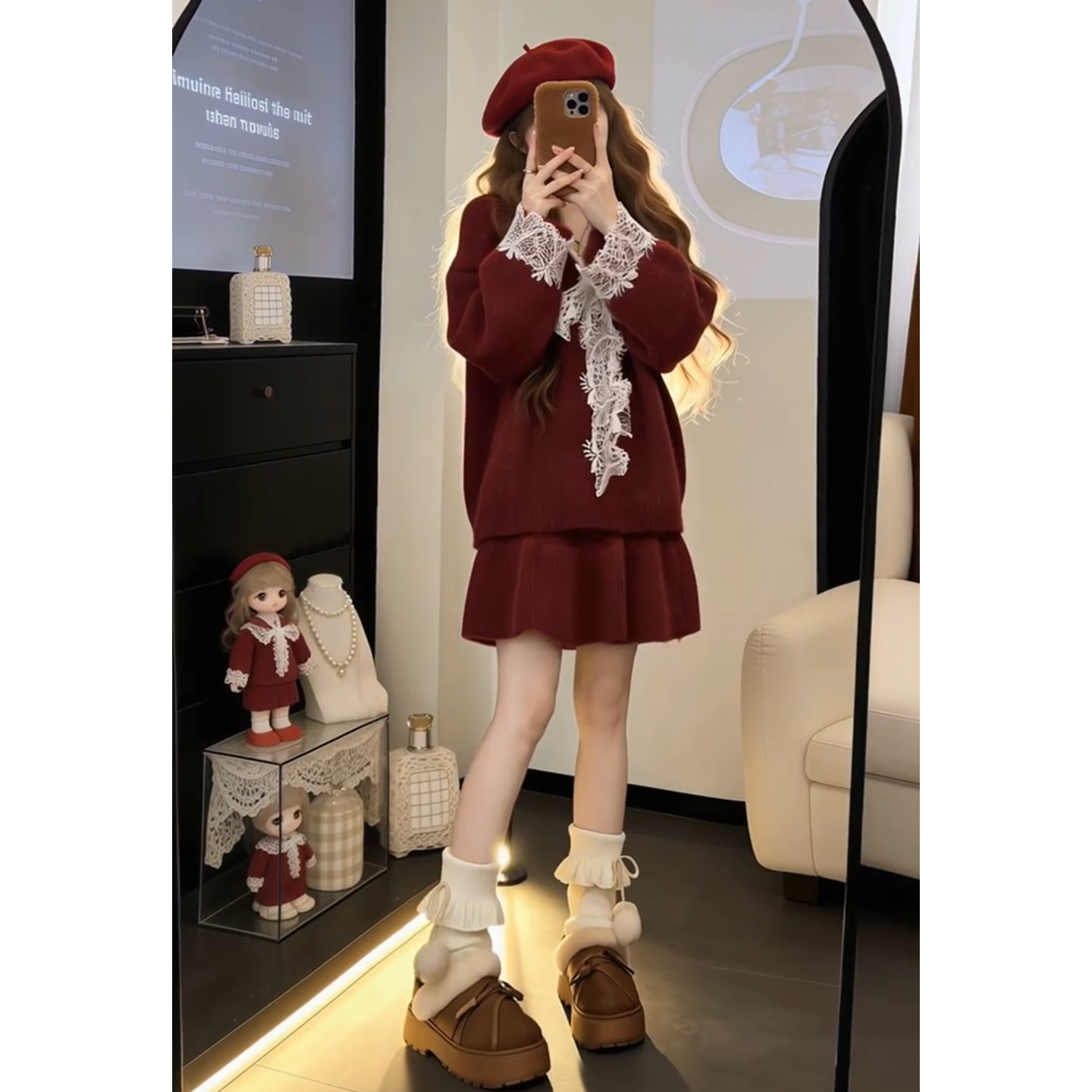 过年新年红色蕾丝针织连衣裙子女秋冬季2026新款小个子巨好看套装