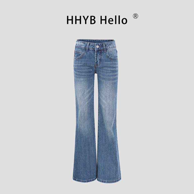 HHYB Hello2025春夏新款纯色百搭复古竹节纹路牛仔裤女Q254062