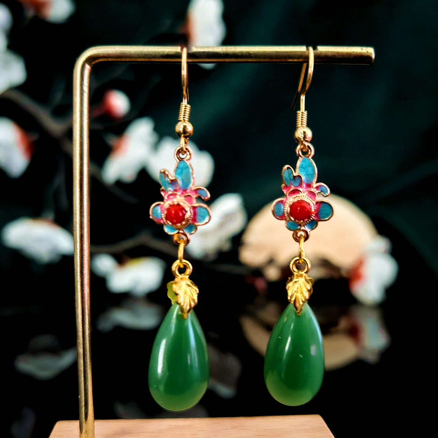 多吉米福翠红花复古新中式原创高级感耳环无耳洞耳夹