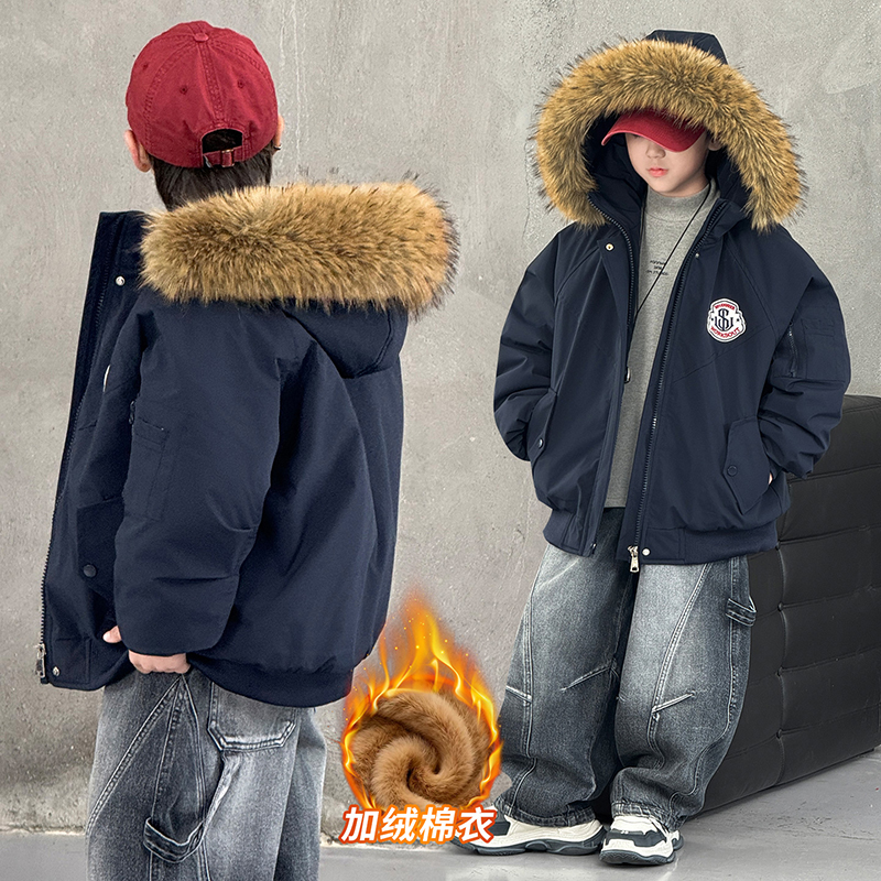 男童加绒加厚棉服派克服外套6-12岁中大童帅气棉衣儿童棉袄男孩潮