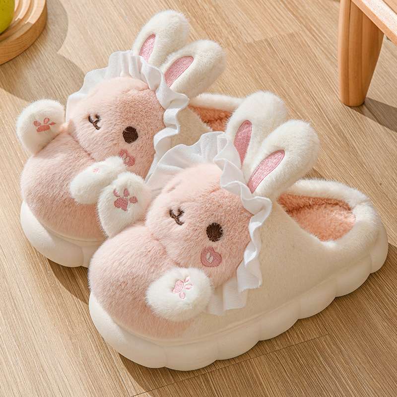 可爱小兔棉拖鞋女秋冬季2025新款室内居家保暖毛绒踩屎感棉拖鞋女