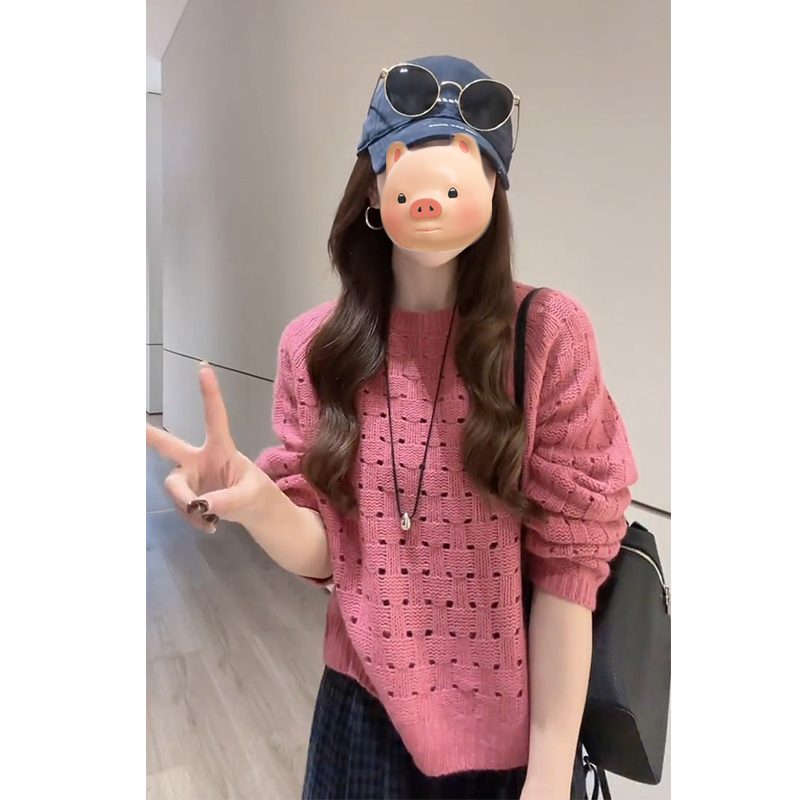 韩系早秋氛围感穿搭粉色圆领套头毛衣女秋冬宽松慵懒风针织衫上衣