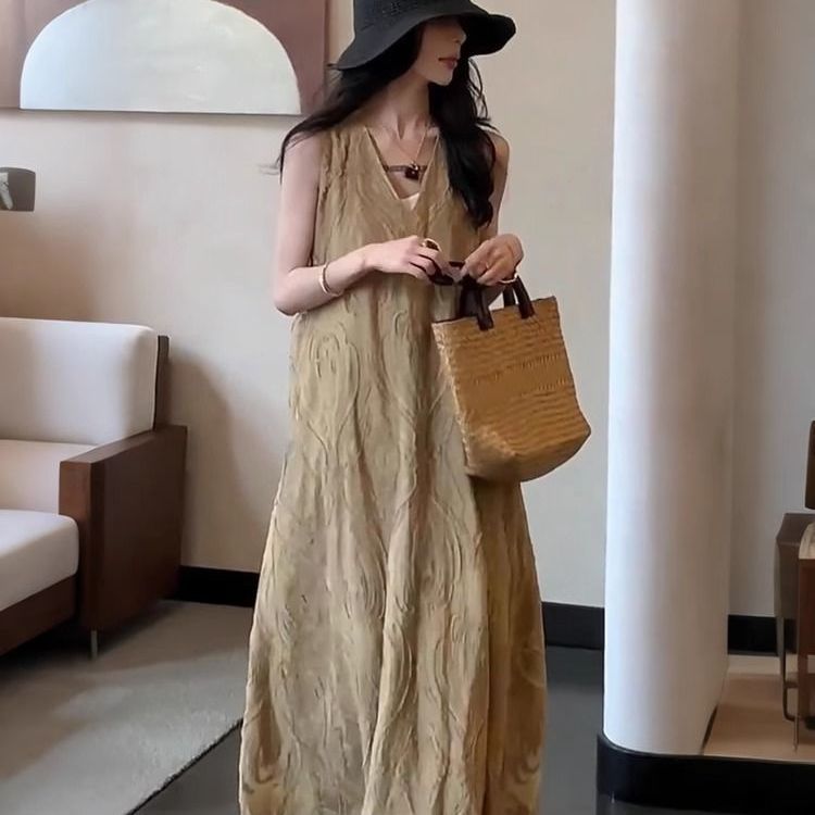 欧货时尚提花领无袖连衣裙女夏季新款高级感宽松显瘦休闲长裙子