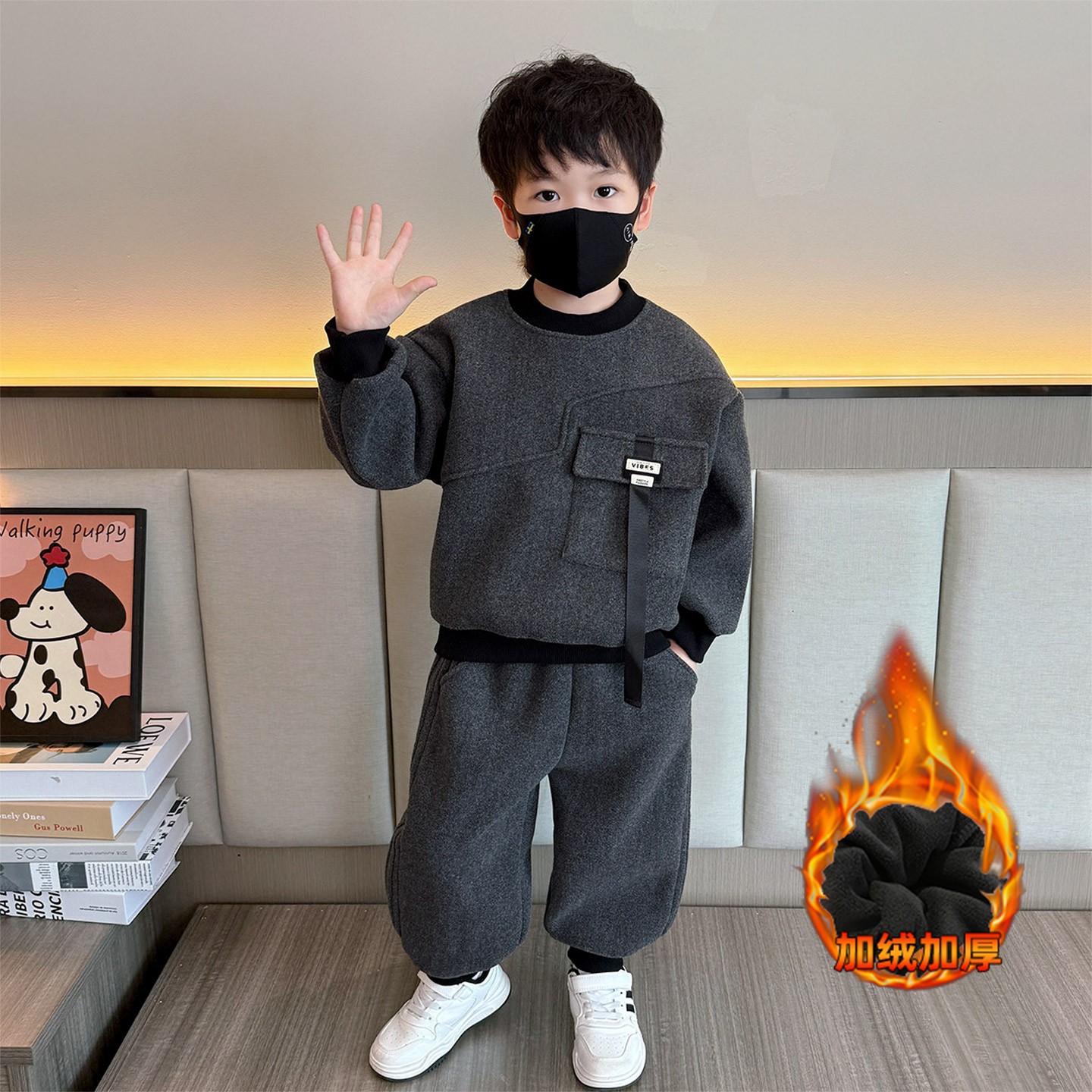 男童秋冬季加绒套装2025新款洋气韩版宝宝冬季加厚卫衣儿童两件套