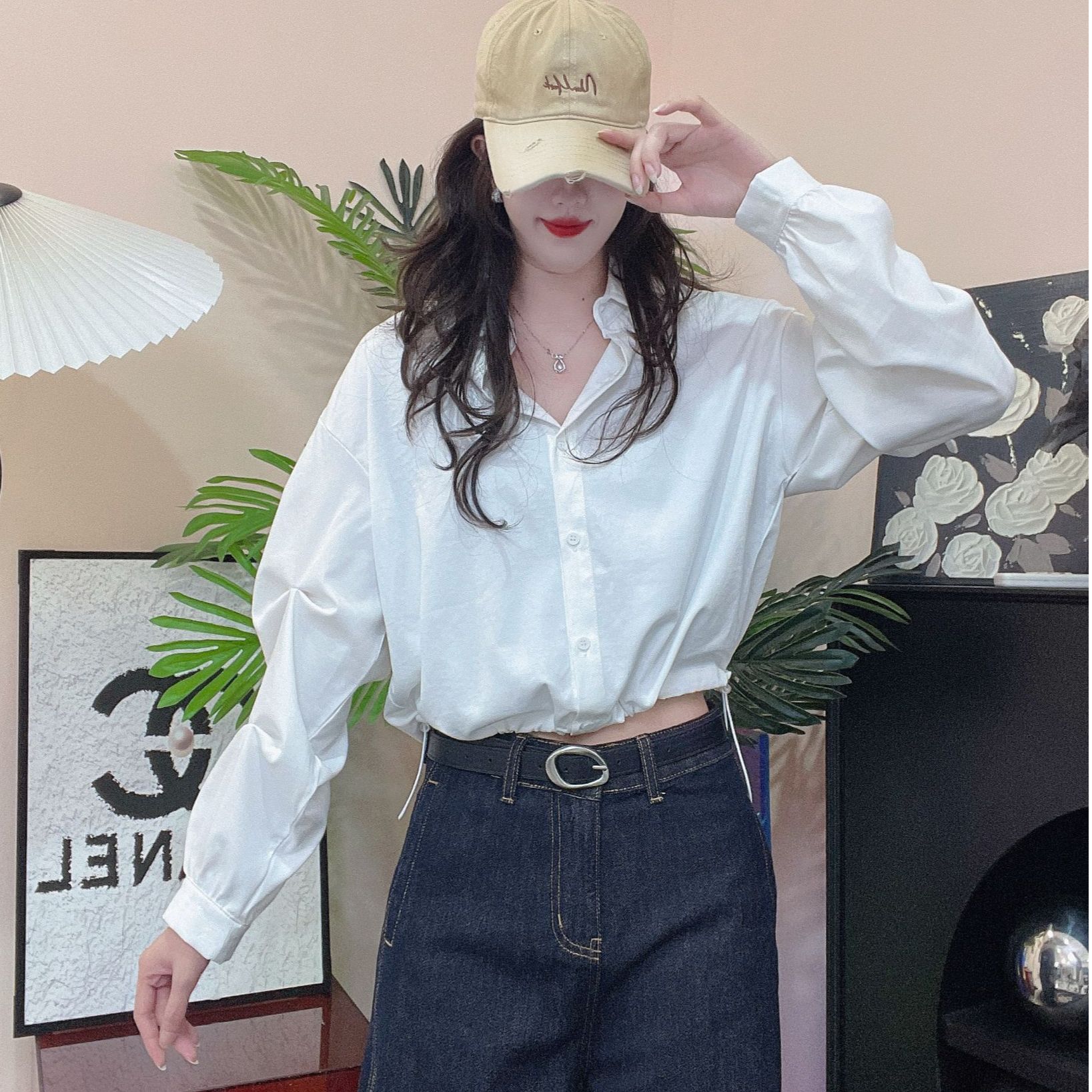 李甜甜2025秋季简约设计感下摆抽绳褶皱长袖衬衫女小个子衬衣上衣