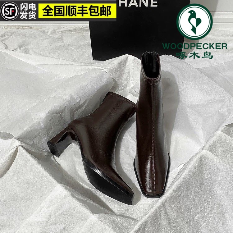 啄木鸟粗跟短靴女2025秋冬新款高级感法式小踝靴高跟方头瘦瘦靴