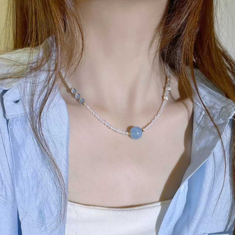 海蓝宝项链女款小众轻奢白水晶项链高级饰品锁骨链七夕礼物气质
