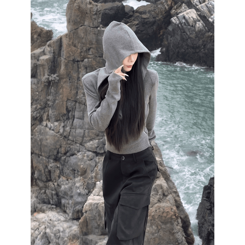 酷飒风女装高级感灰色连帽两穿上衣女宽松秋季新款交叉长袖打底衫