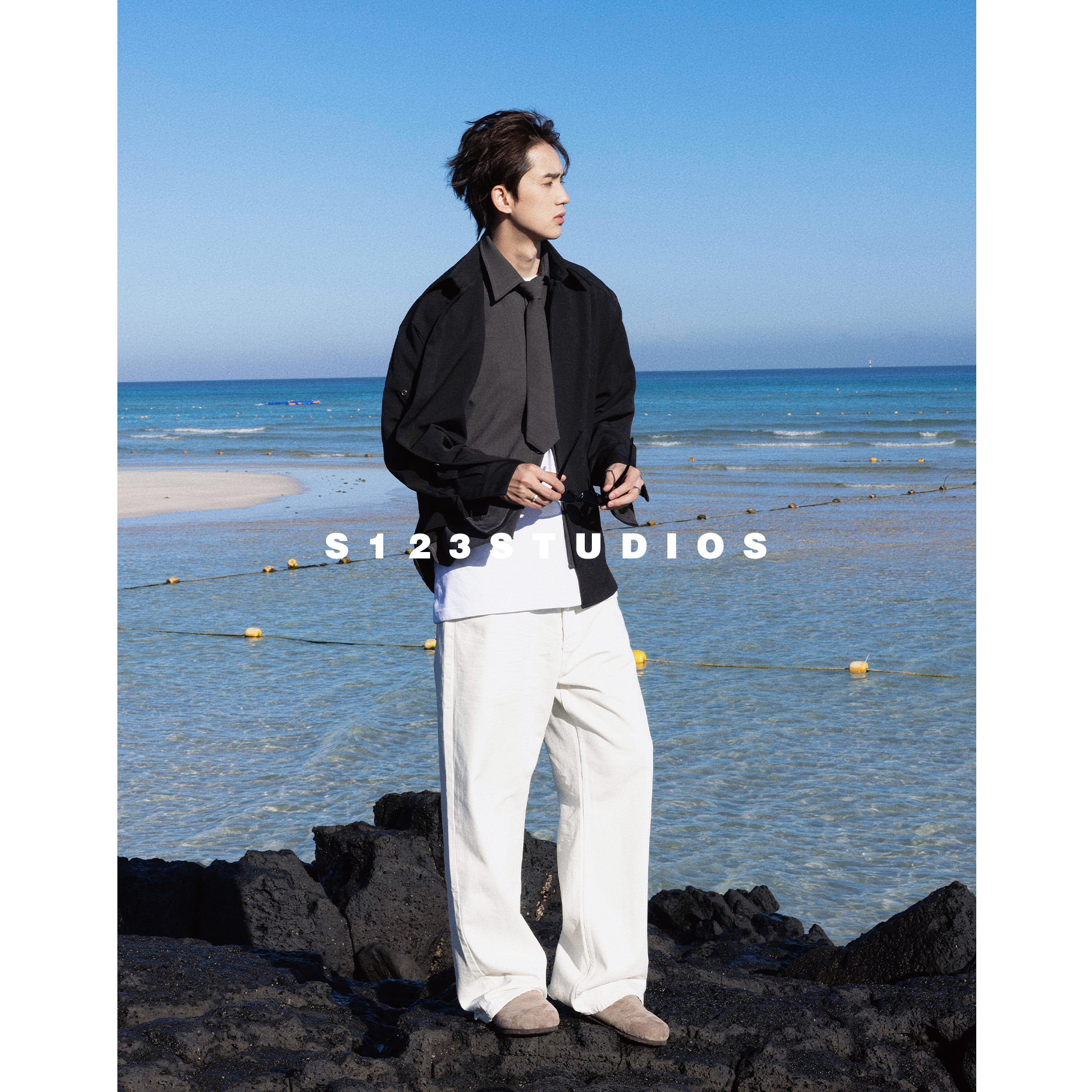 2025早秋新品 假两件拼接领带设计衬衫极简风宽松百搭上衣男