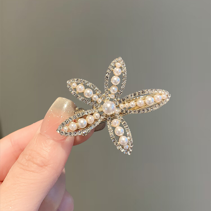 千金风气质韩版日韩夹子发夹珍珠花朵发夹鸭嘴夹优雅侧边刘海夹