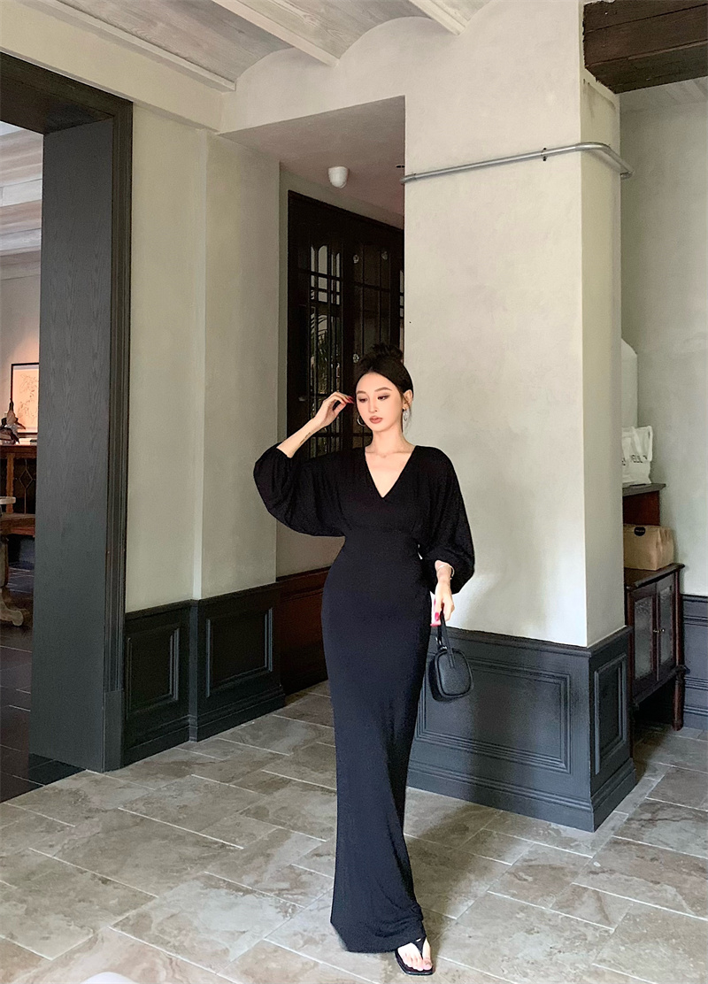 气质纯欲V领收腰显瘦修身连衣裙长款短款#22754