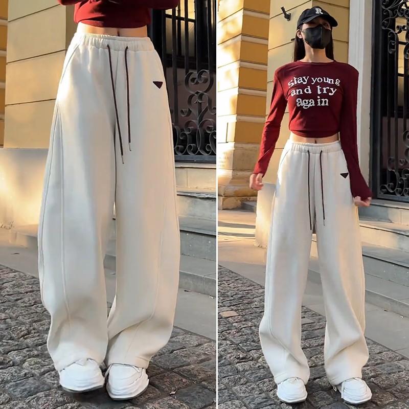 拉夏贝尔松紧高腰抽绳阔腿休闲裤女2025春秋新款宽松百搭直筒卫裤