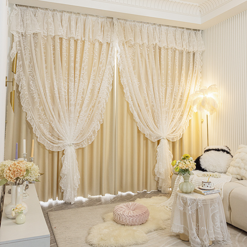 法式浪漫双层遮光窗帘女孩卧室客厅布纱一体轻奢设计2025法式窗帘