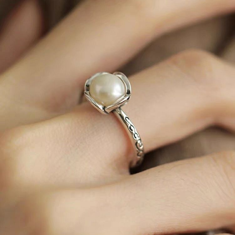 925银戒指 花纹花苞淡水戒指开口女复古做旧小众尾戒潮气质