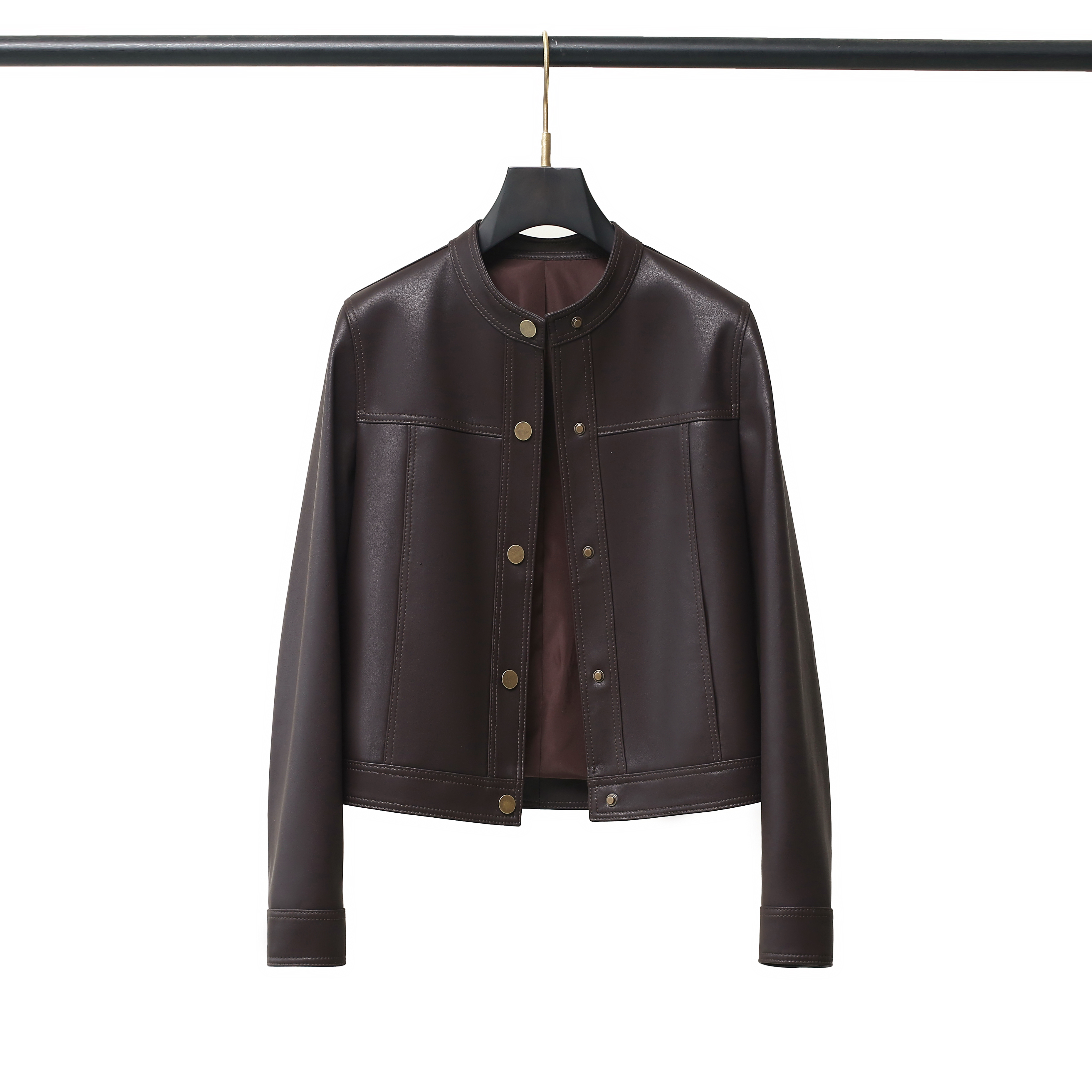 Y2真皮立领衣女装2025秋季新款显瘦气质短款外套百搭纽扣时尚