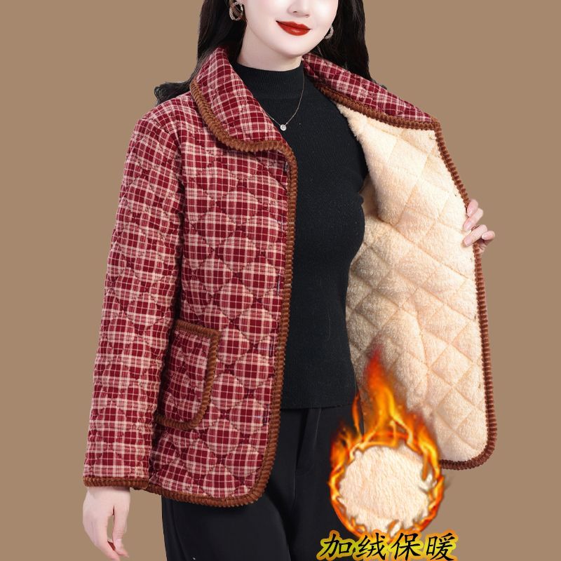 冬季中老年妈妈加绒加厚格子棉衣女外套宽松大码奶奶保暖棉服棉袄
