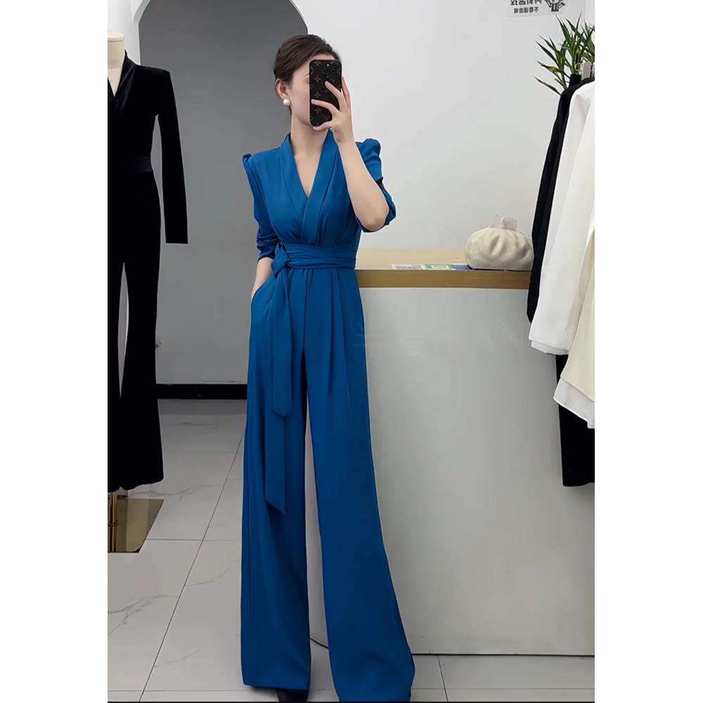 独特超好看连衣裤高端精致气质女神范高腰显瘦减龄蓝色连体裤夏季