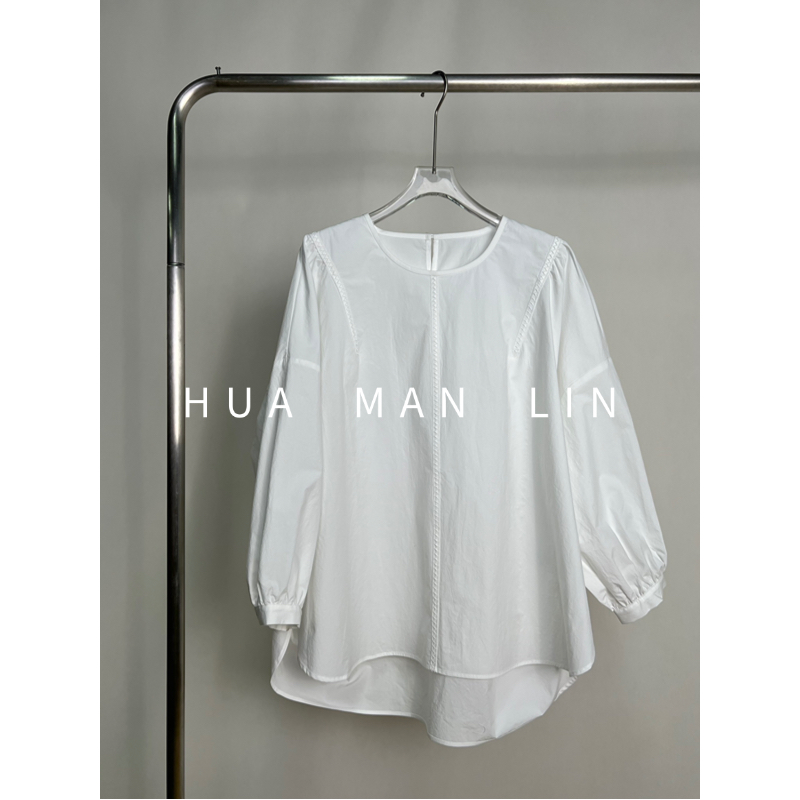 【花满林】圆领后扣织带捏褶匹马棉长袖上衣259762