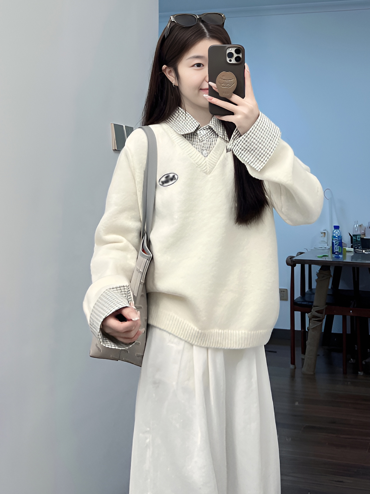 假两件拼接格子polo领套头毛衣女秋冬季新款宽松慵懒风休闲针织衫