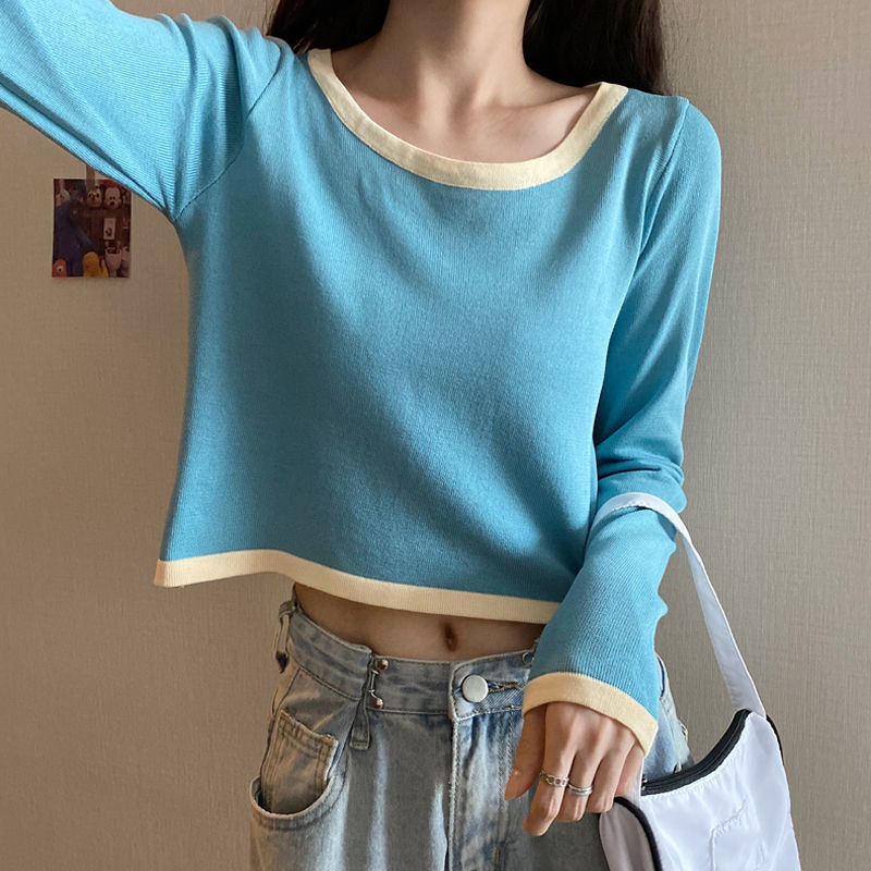 春秋季2025新款薄款长袖针织T恤女装短款百搭上衣打底衫内搭衣服