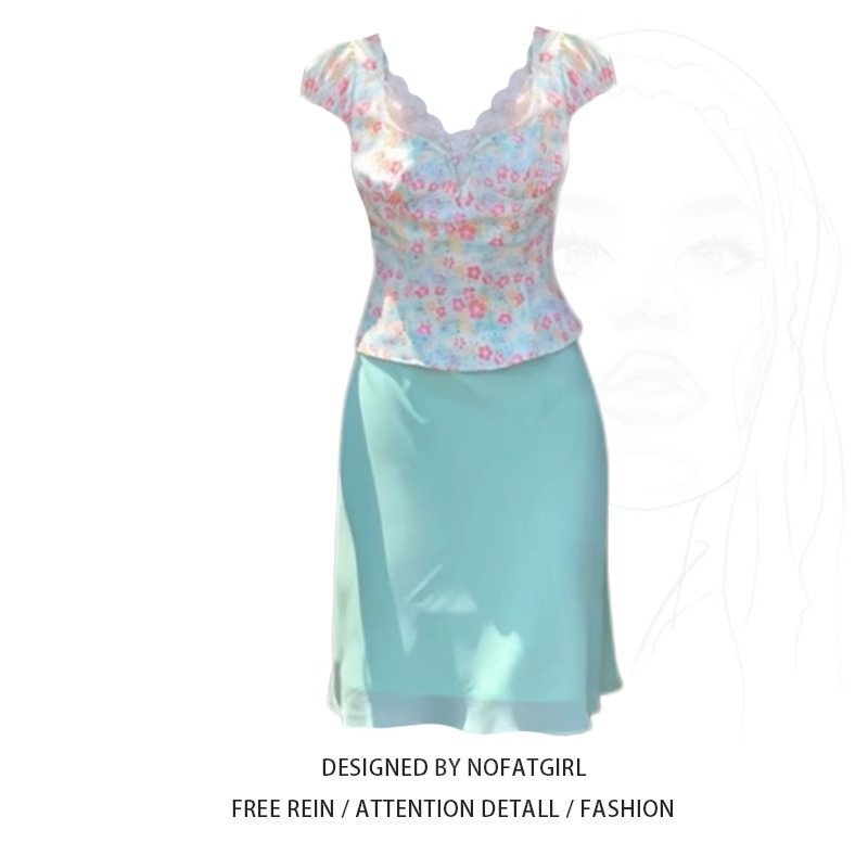 大码胖妹妹时尚辣妹风穿搭夏季V领蕾丝拼接碎花上衣半身裙两件套