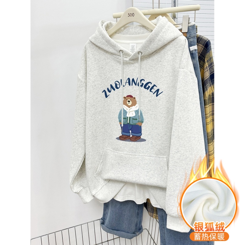 韩版卡通熊印花连帽卫衣女冬季加绒加厚宽松大码休闲中长款上衣潮
