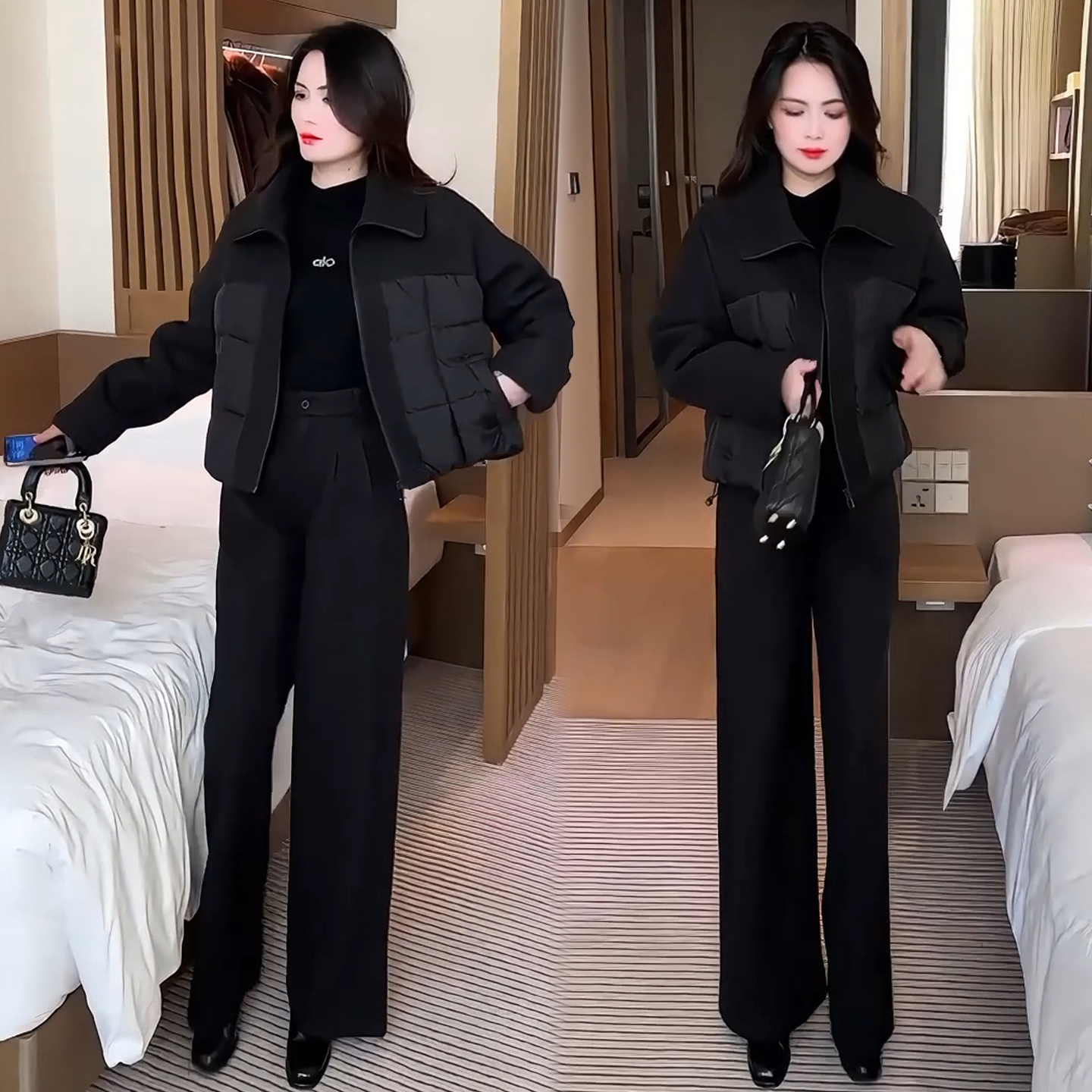 时尚套装女2025冬新款加厚保暖毛呢拼接棉衣外套显瘦阔腿裤两件套