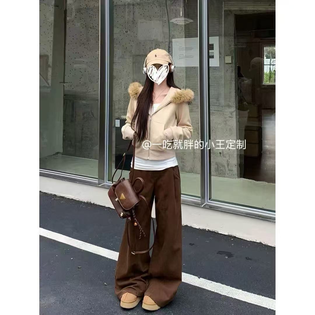 【小王家】时尚套装连帽毛领短款薄款可拆卸女短外套复古休闲上衣