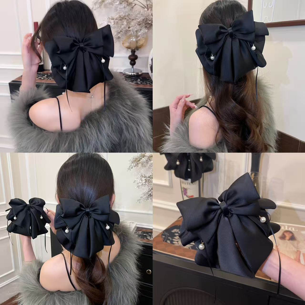 法式蝴蝶结吊坠缎面抓夹高级感百搭日常简约发卡后脑勺鲨鱼夹发饰