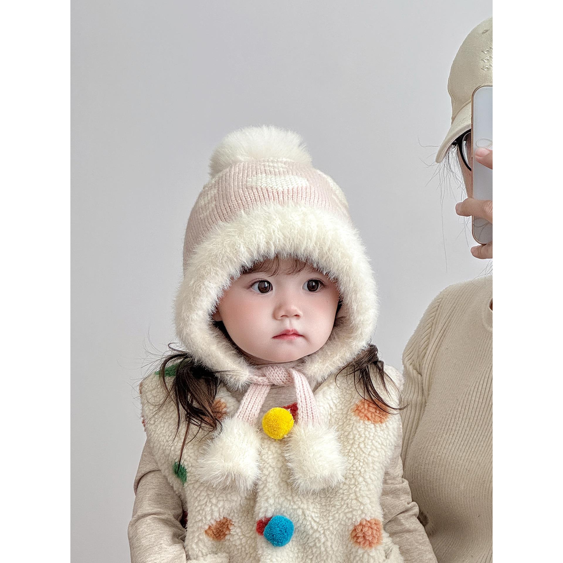 儿童帽子秋冬季保暖加厚针织护耳毛绒帽女宝宝甜美爱心防风毛线帽