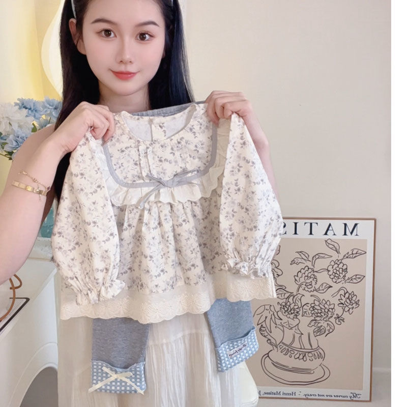 女童打底裤秋装2025新款儿童洋气碎花蝴蝶结娃娃衫衬衣两件套潮