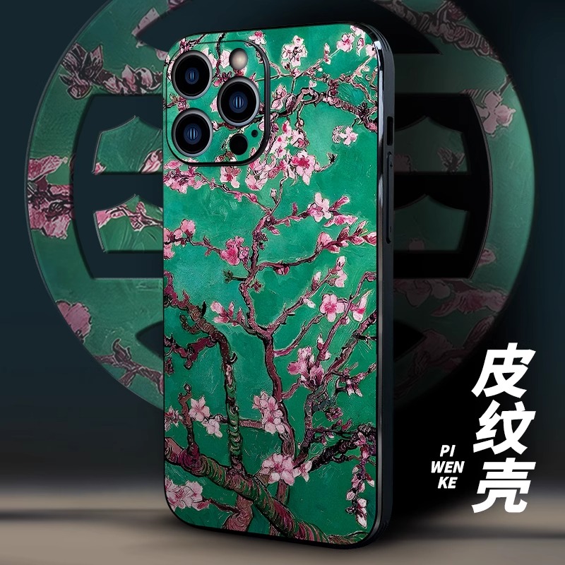 桃花适用苹果16promax手机壳个性复古iPhone17pro立体浮雕皮质15