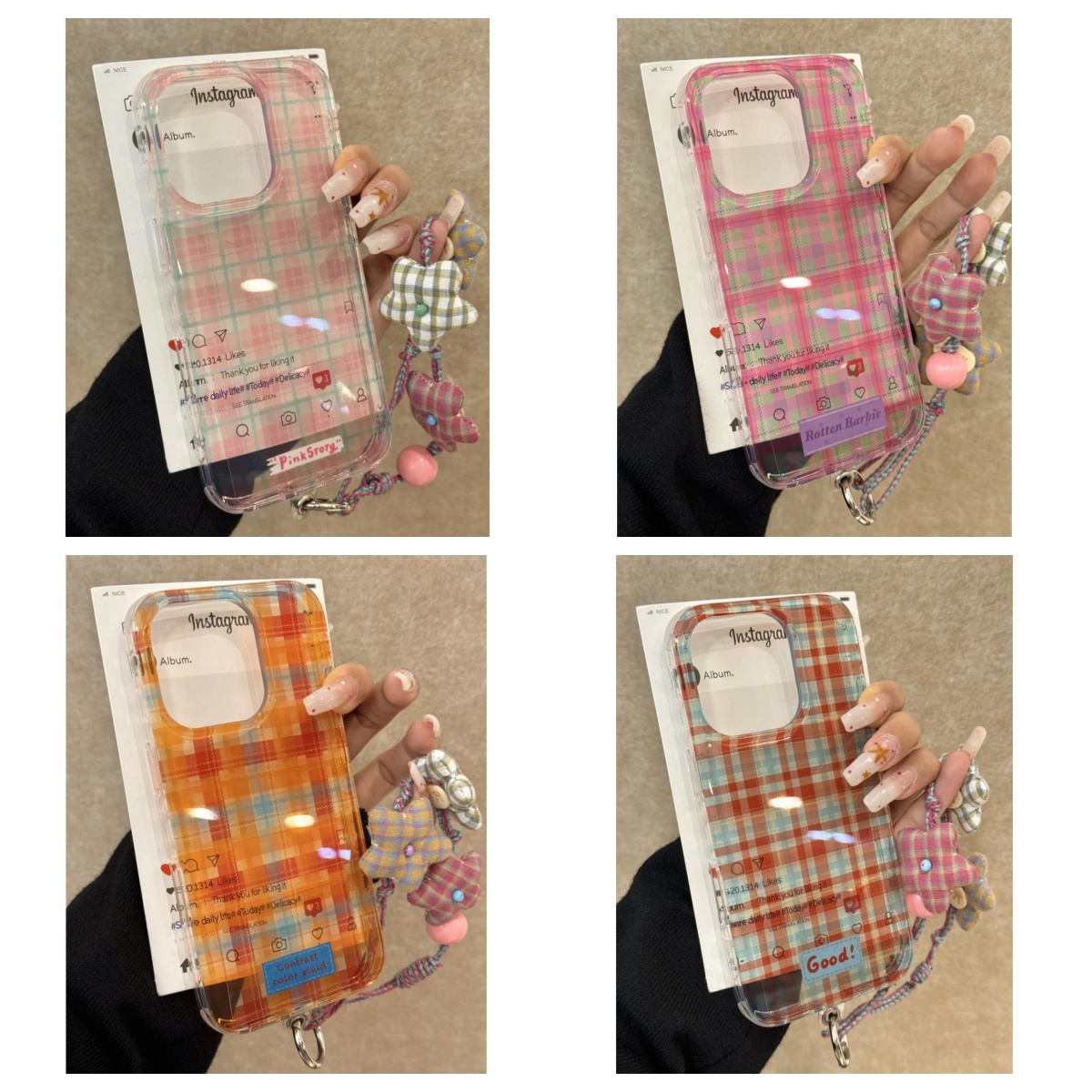 ins简约格纹花朵挂绳适用苹果16promax手机壳13女14全包15手机壳