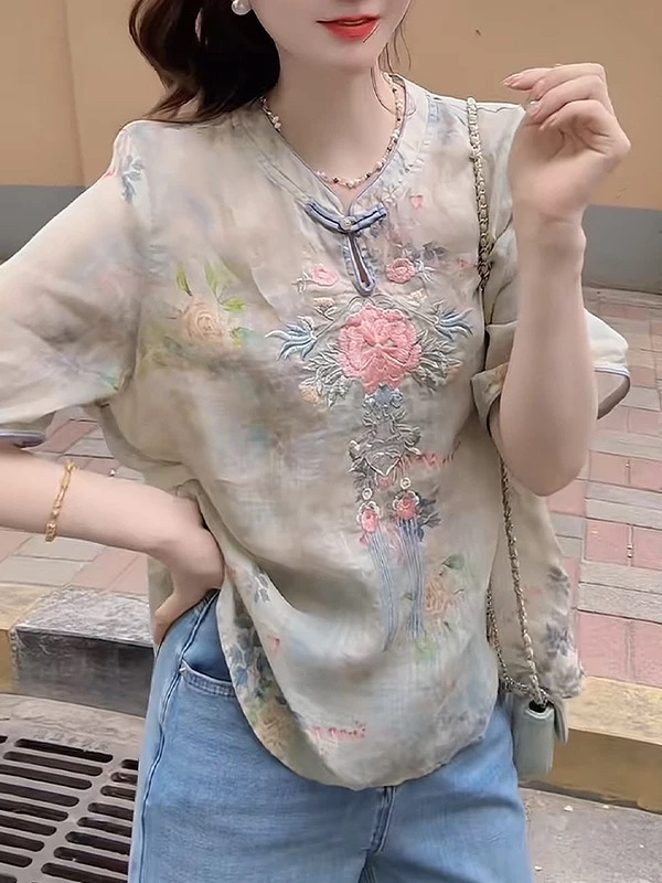 新中式国风苎麻衬衫女夏季新款重工刺绣小衫宽松棉麻亚麻短袖上衣