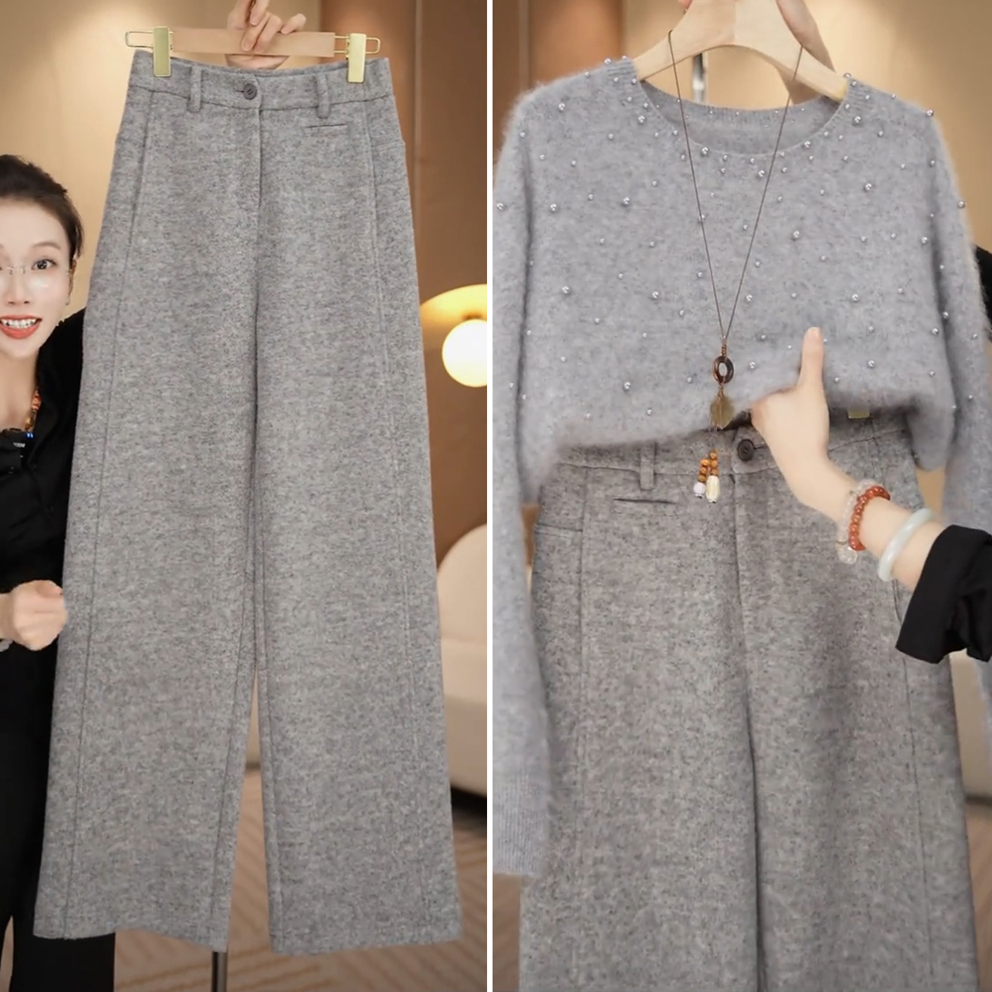 澳洲羊毛直筒裤女加绒秋冬季2025年新款高腰窄版阔腿裤羊绒休闲裤