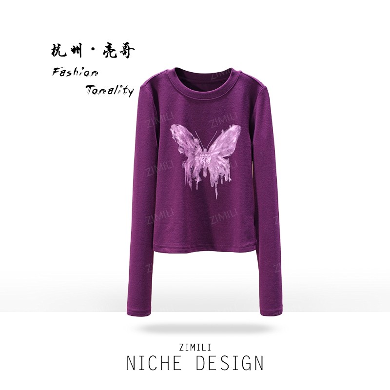 【亮哥欧货女装】冬季加厚羊毛《蝴蝶印染》高弹显瘦打底上衣26026-A7