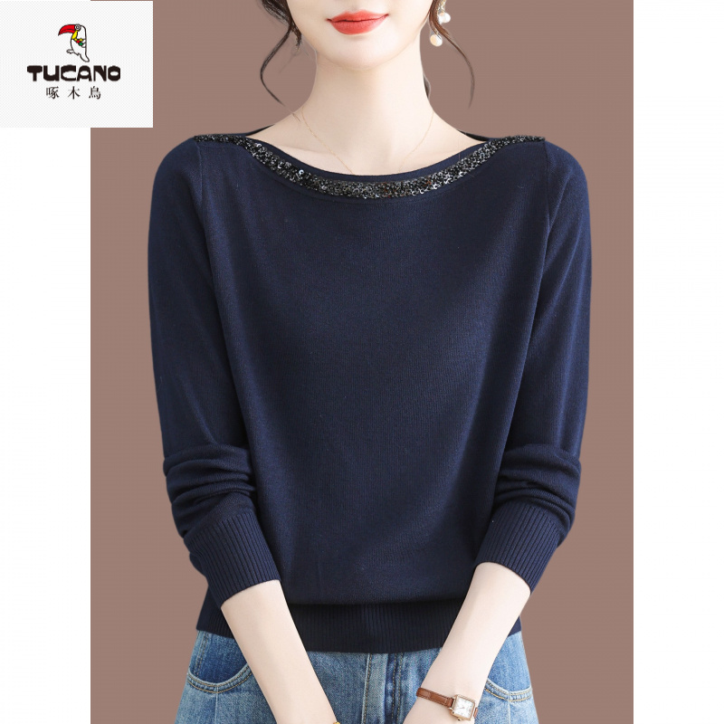 啄木鸟一字领针织打底衫女秋季中年妈妈高级感洋气长袖T恤上衣薄