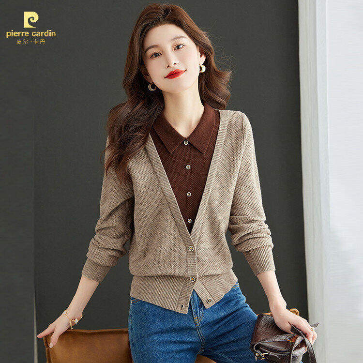 皮尔卡丹秋季女款休闲针织打底衫短款洋气气质百搭爆款法式慵懒风