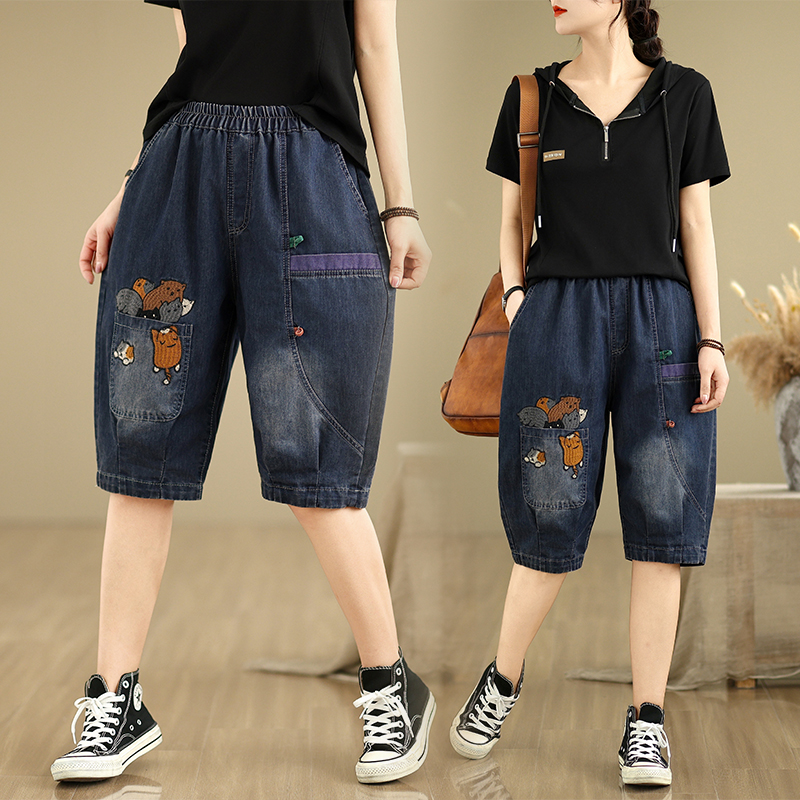 夏季文艺休闲刺绣过膝五分牛仔裤女松紧腰大码宽松显瘦六分哈伦裤