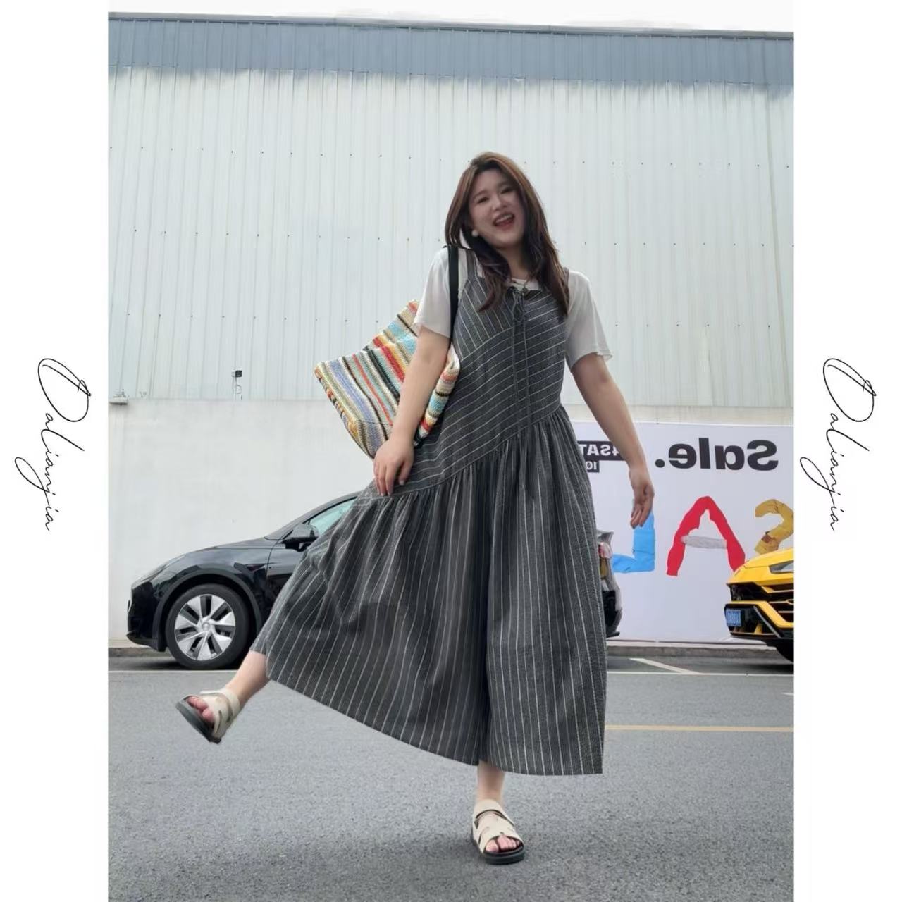 佳佳【层次背带裤！】条纹宽松背带裤气质时尚拼接韩版大码宽松