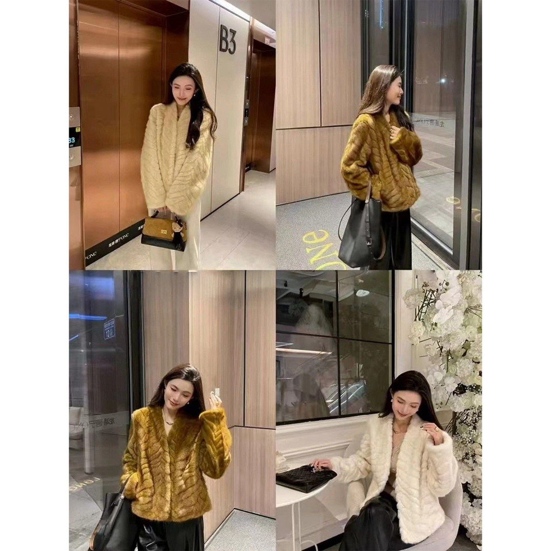 【千金公主】冬季新款韩系环保金叶貂气质V领短款轻奢感毛毛外套