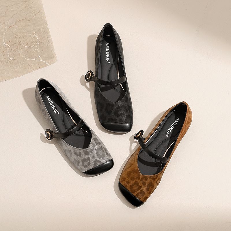 【豹纹风】防滑增高方头浅口透气豹纹单鞋气质女鞋中跟乐福鞋