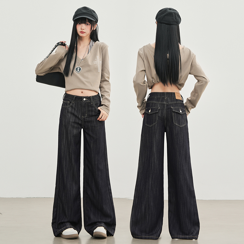 肌理感后口袋翻盖宽松牛仔裤女YKK拉链垂感直筒拖地裤丨长裤+加长