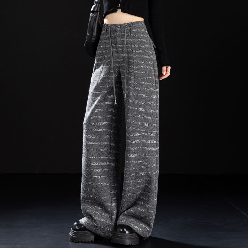 灰色毛呢裤女高腰条纹休闲裤2025新款秋冬裤子宽松垂感直筒阔腿裤