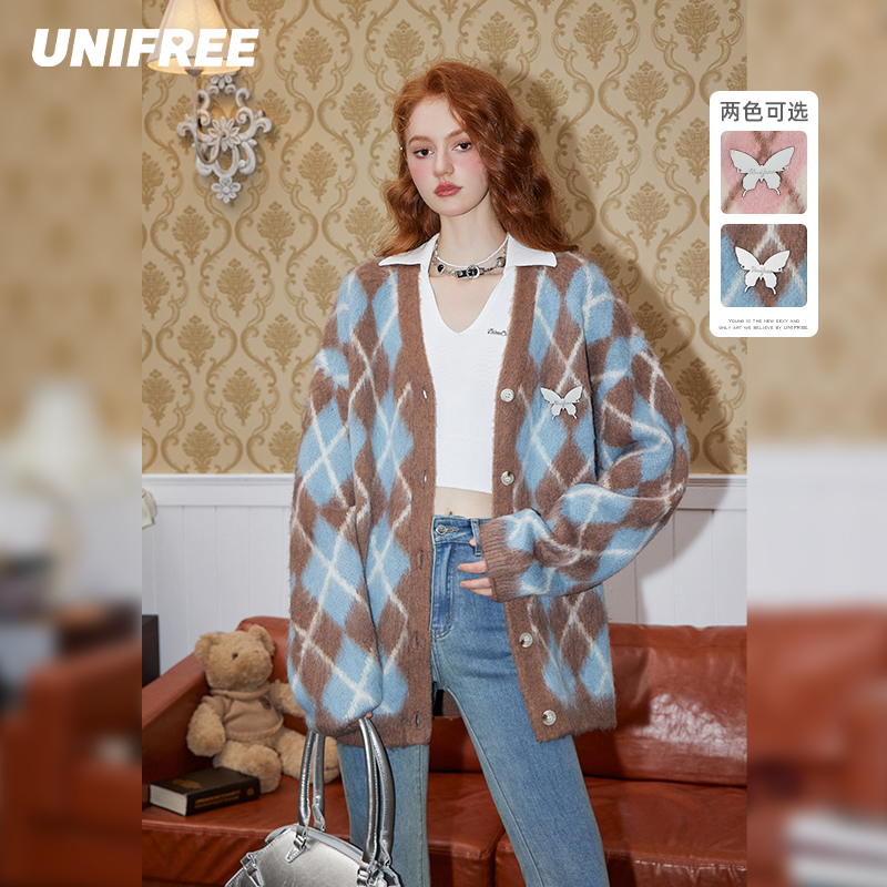 0003【马琦尧专属】UNIFREE美式复古学院风V领针织开衫U233N547K1I1