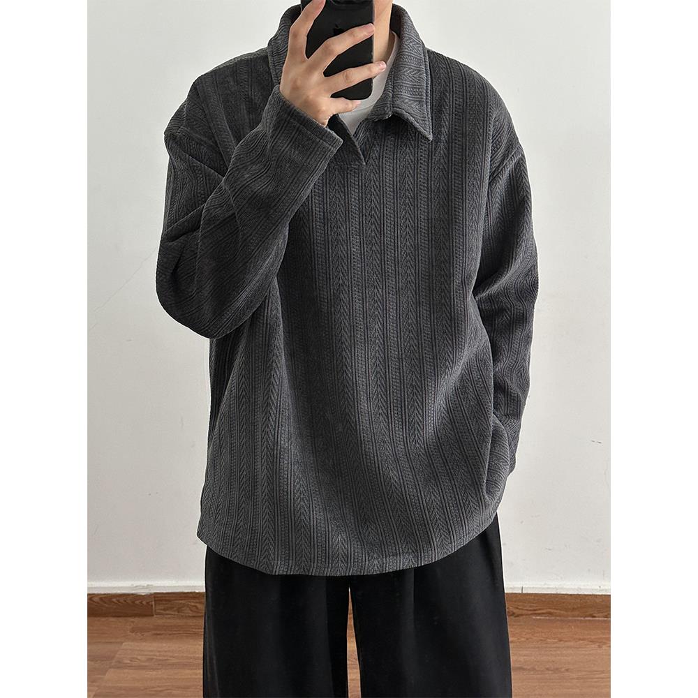 麦穗纹美式长袖polo衫男款秋季潮牌高级感v领t恤重磅内搭打底卫衣