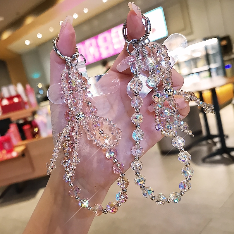 时尚高级感水晶手机链手工串珠手机挂绳个性蝴蝶结手腕手提链挂件